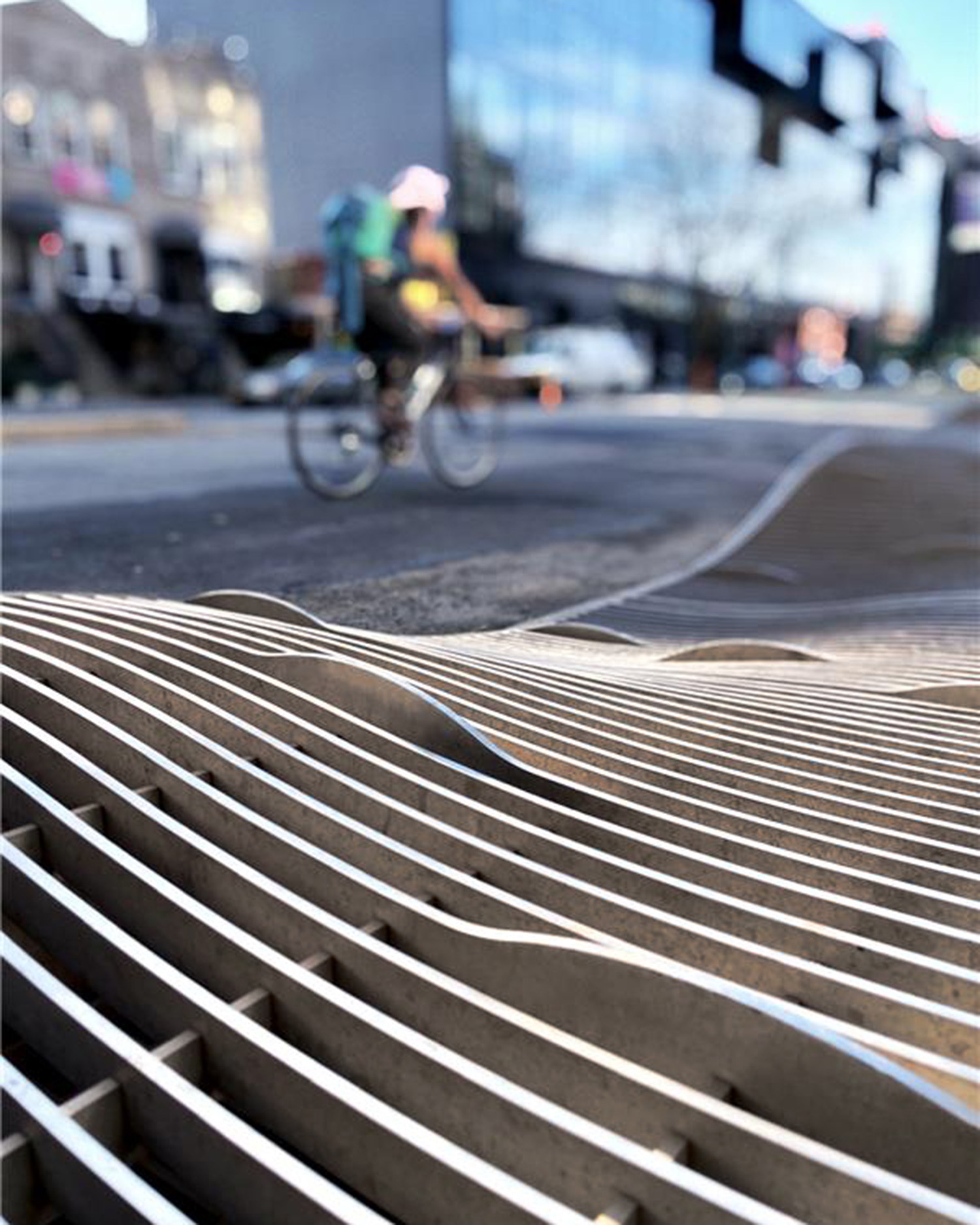 close up detail of flood mitigation street furniture design